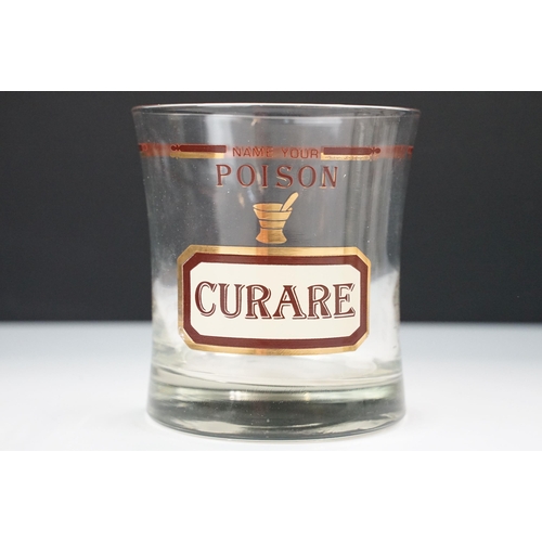 39 - Mid-Century Cera 'Name your poison' unit measure drinking glasses with Belladonna, Arsenic, Hemlock,... 