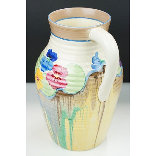 4 - Bizarre by Clarice Cliff hand painted 'Pansies' lotus jug handled vase, H29cm