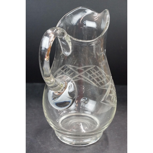 41A - Antique Silver collared pouring decanter with etched leaves, floral design and a clear glass handle ... 