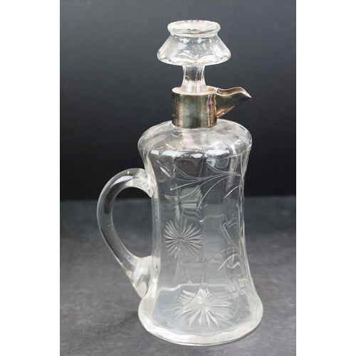 41A - Antique Silver collared pouring decanter with etched leaves, floral design and a clear glass handle ... 