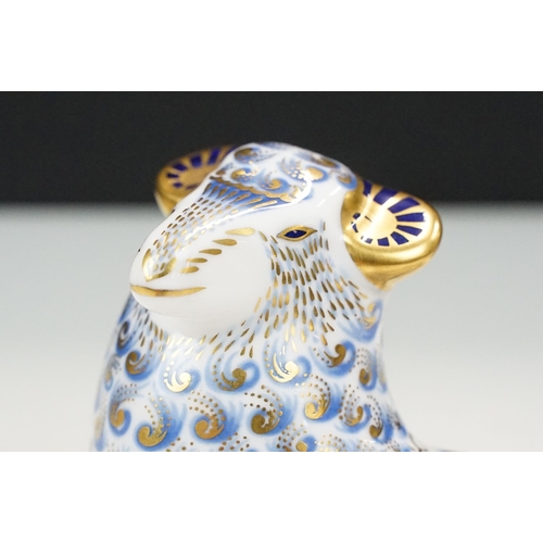 47 - Royal Crown Derby China paperweight modelled as a ram/sheep in blue with gilt finish. Marked to base... 