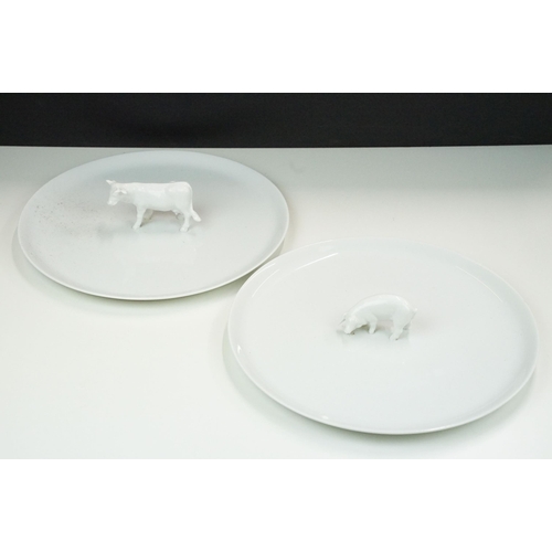 59 - Pair of white Limoges France vintage kitchenware serving charcuterie plates with cow and pig centre ... 