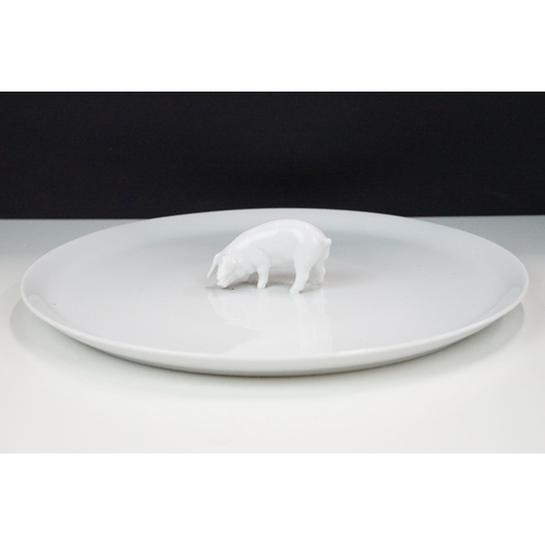 59 - Pair of white Limoges France vintage kitchenware serving charcuterie plates with cow and pig centre ... 