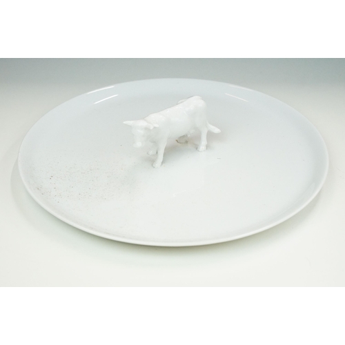 59 - Pair of white Limoges France vintage kitchenware serving charcuterie plates with cow and pig centre ... 