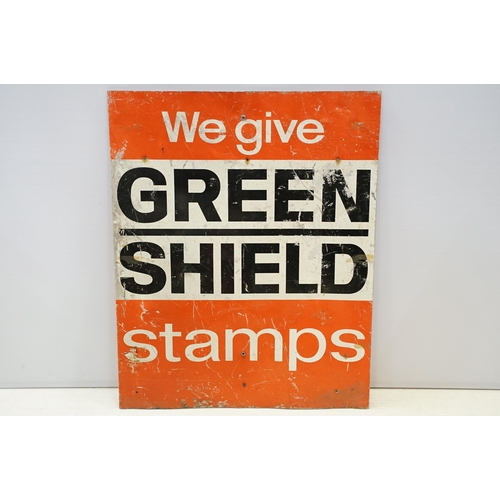 313 - We give Green Shield stamps painted metal sign, 75.5 x 60.5cm (excluding folded sections)