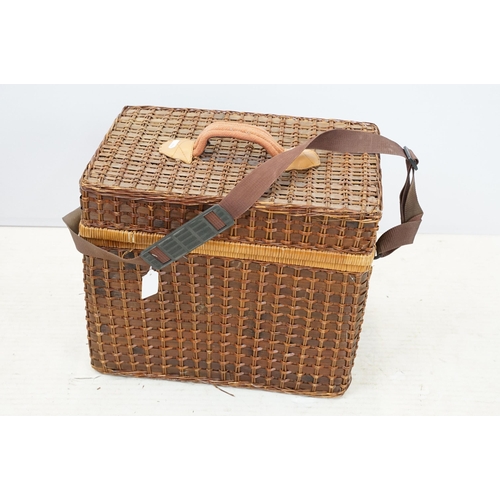 385 - Large vintage wicker picnic hamper with accessories, fold down front, tartan lined, H 41cm, W 48cm, ... 