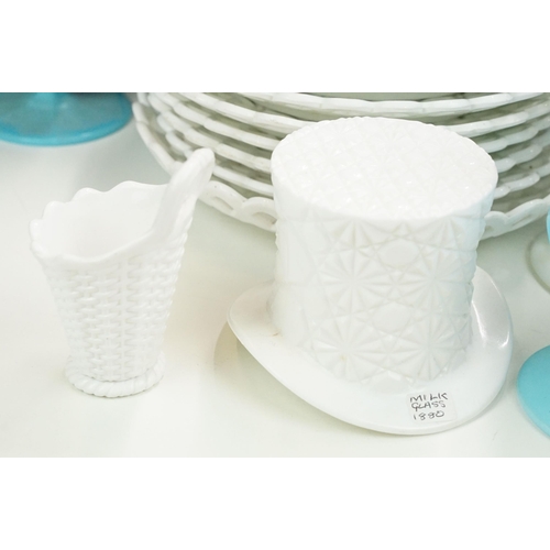 100 - Large selection of  pressed milk glass items, some by Davidson c.1875, to include basket plates, foo... 