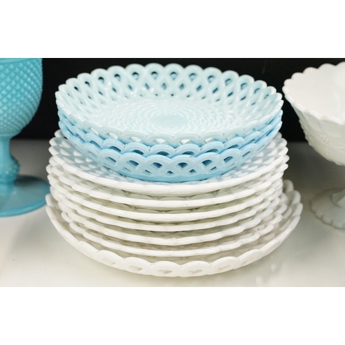 100 - Large selection of  pressed milk glass items, some by Davidson c.1875, to include basket plates, foo... 