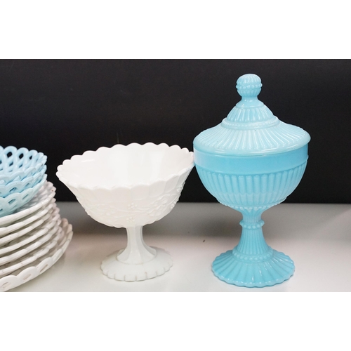 100 - Large selection of  pressed milk glass items, some by Davidson c.1875, to include basket plates, foo... 