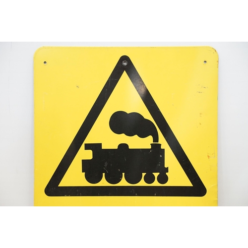 123 - Danger Beware of Trains painted metal warning sign, with four screw holes, 60 x 40cm