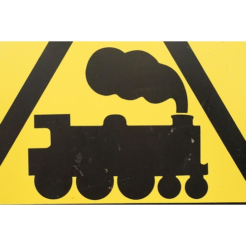 123 - Danger Beware of Trains painted metal warning sign, with four screw holes, 60 x 40cm