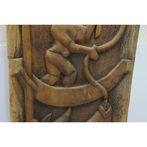 127 - African tribal carved chair back featuring a fisherman and fish to central panel. Measures 134cm tal... 