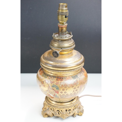 141 - Japanese Satsuma style lamp base together with Imari pattern pig ornament