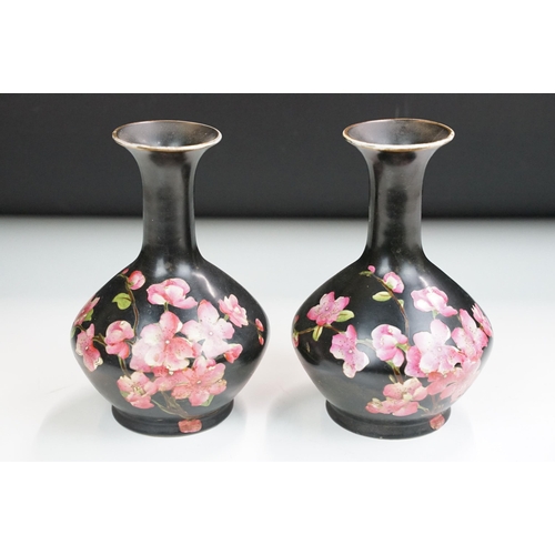 62 - Pair of vintage Carlton Ware black long neck bud vases with bright pink floral enamel hand painted d... 