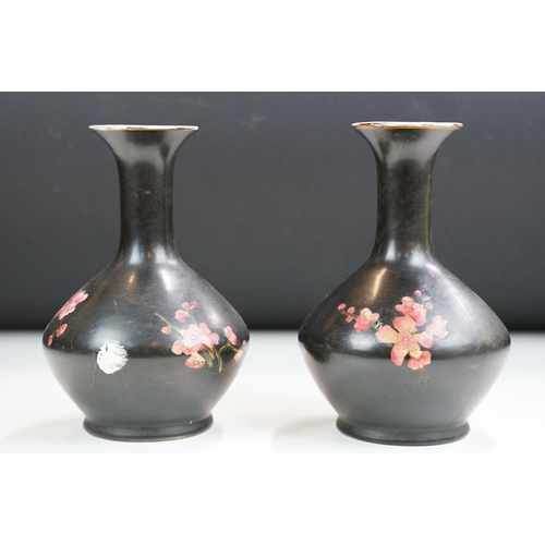 62 - Pair of vintage Carlton Ware black long neck bud vases with bright pink floral enamel hand painted d... 