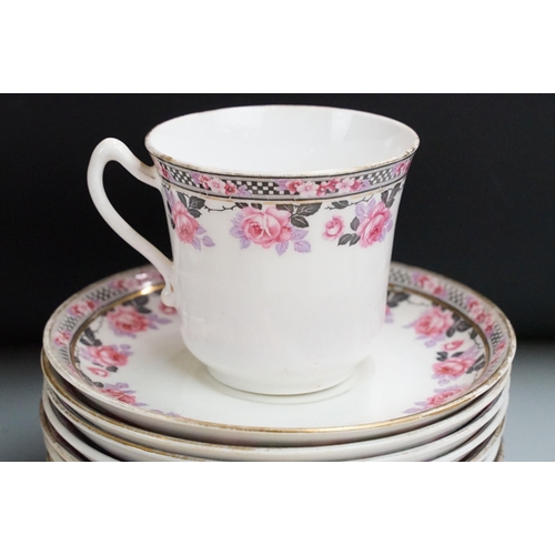 67 - Grafton China collection of 'Rose Neore' floral bordered items to include seven tea cups, twelve sau... 