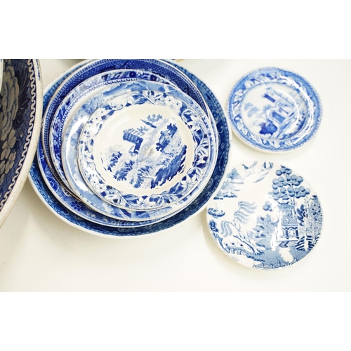 69 - Large varied assortment of Blue and white China pieces of many sizes to include Spode, Wedgwood, Spo... 