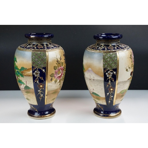 72 - Pair of large hand decorated double panel Japanese vases with landscape and ladies scenes. character... 