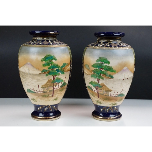 72 - Pair of large hand decorated double panel Japanese vases with landscape and ladies scenes. character... 