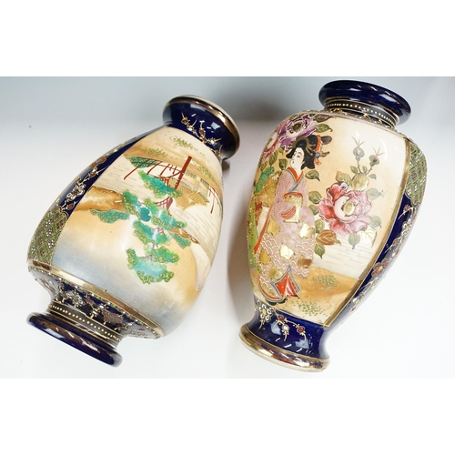 72 - Pair of large hand decorated double panel Japanese vases with landscape and ladies scenes. character... 