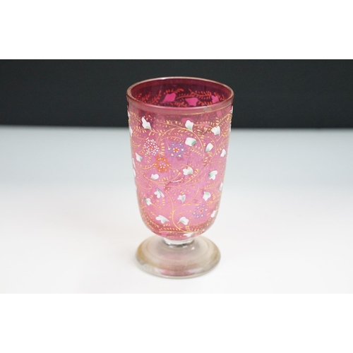 74 - Selection of glass pieces to include an Art Nouveau gilded bud vase, H18.5cm, Bohemian Cranberry ena... 