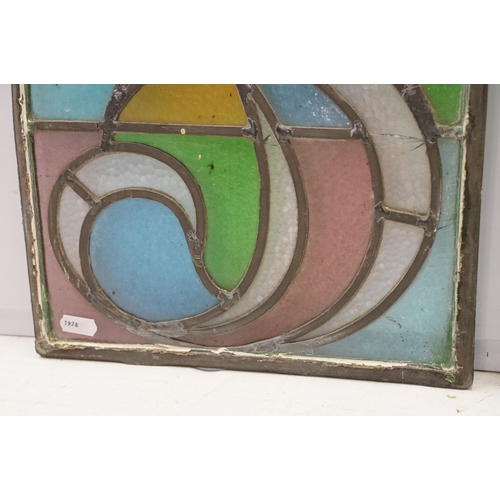 337 - Three stained glass windows, one rectangular H 39.5cm x W 35cm, two arched, H 69.5cm W 29cm