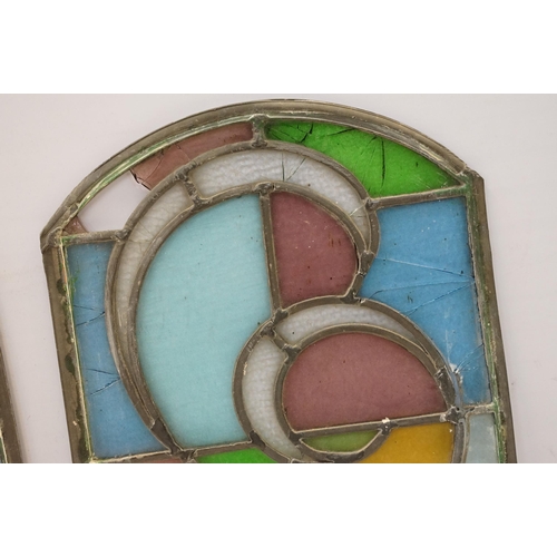 337 - Three stained glass windows, one rectangular H 39.5cm x W 35cm, two arched, H 69.5cm W 29cm