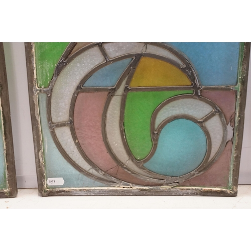 337 - Three stained glass windows, one rectangular H 39.5cm x W 35cm, two arched, H 69.5cm W 29cm