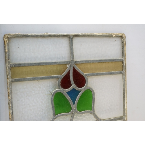 337 - Three stained glass windows, one rectangular H 39.5cm x W 35cm, two arched, H 69.5cm W 29cm