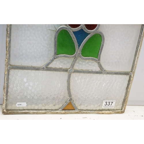 337 - Three stained glass windows, one rectangular H 39.5cm x W 35cm, two arched, H 69.5cm W 29cm