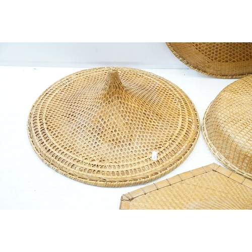 354 - Selection of five Chinese conical field hats together with an assortment of vintage carnival orienta... 