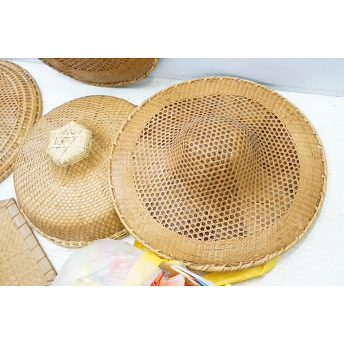 354 - Selection of five Chinese conical field hats together with an assortment of vintage carnival orienta... 