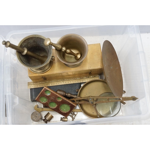 357 - Assortment of antique items to include large weighing scales, magnifying glass, boxed weights, brass... 