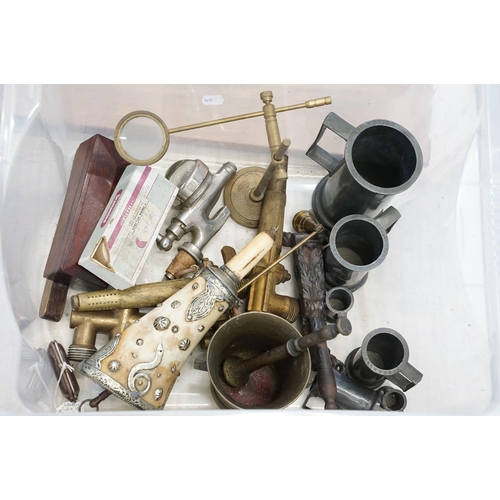 357 - Assortment of antique items to include large weighing scales, magnifying glass, boxed weights, brass... 