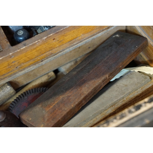 370 - Large wooden tool chest with contents including spirit level, squares, planes, drills saws, etc