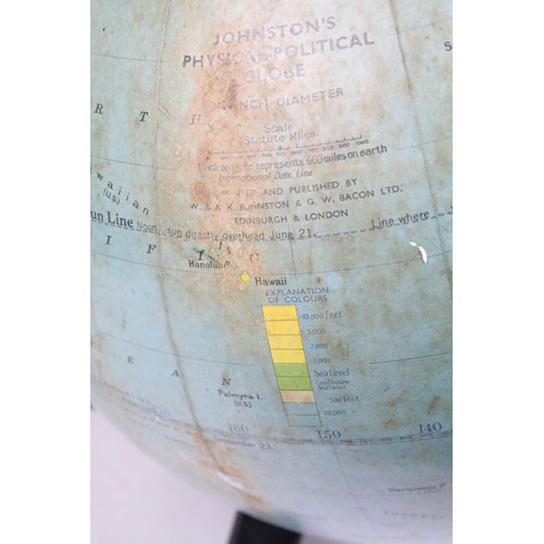 224A - Johnston's Physical political mid century globe on wooden block stand, 12inch diameter, approx. H 35... 