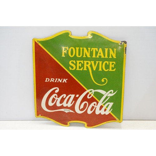 315A - Enamel Sign - Fountain Service Drink Coca - Cola of shield form with a green and red ground. Measure... 