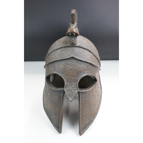 164 - Centurion Gladiator Macedonian battle helmet on stand and wooden stepped base, H66cm