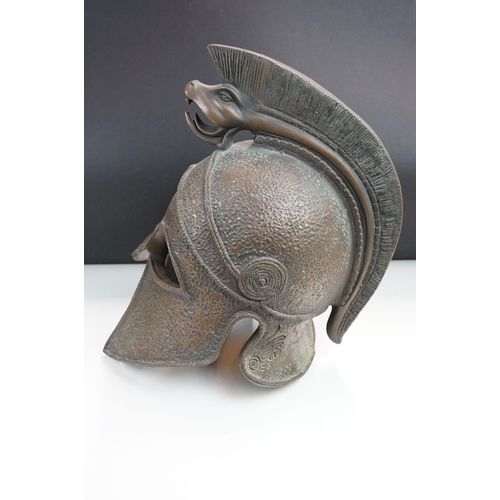 164 - Centurion Gladiator Macedonian battle helmet on stand and wooden stepped base, H66cm