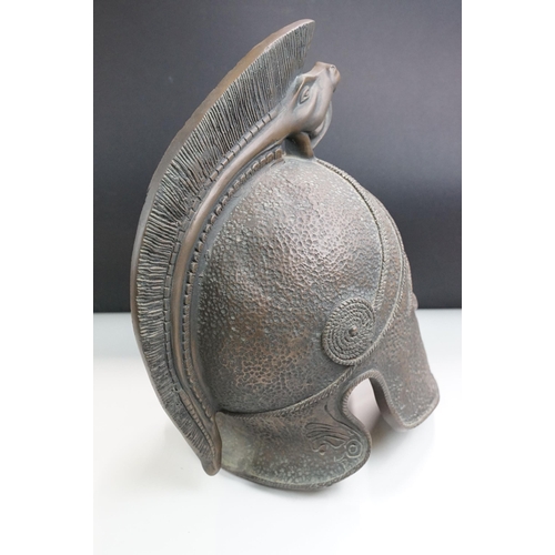 164 - Centurion Gladiator Macedonian battle helmet on stand and wooden stepped base, H66cm