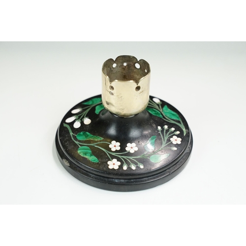 192 - Derbyshire black marble candle holder, made in Ashford in the Water, inlaid with trailing flowers an... 