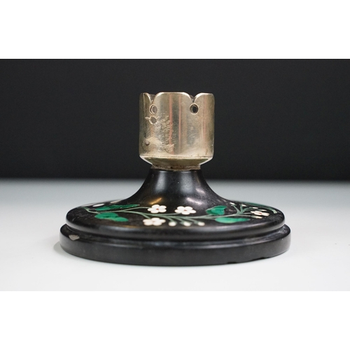 192 - Derbyshire black marble candle holder, made in Ashford in the Water, inlaid with trailing flowers an... 