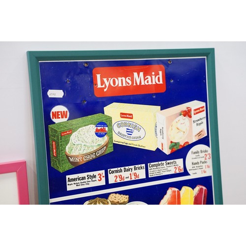 310A - Vintage Lyons Maid enamel ice cream sign having a blue ground with ice cream illustrations. Framed. ... 