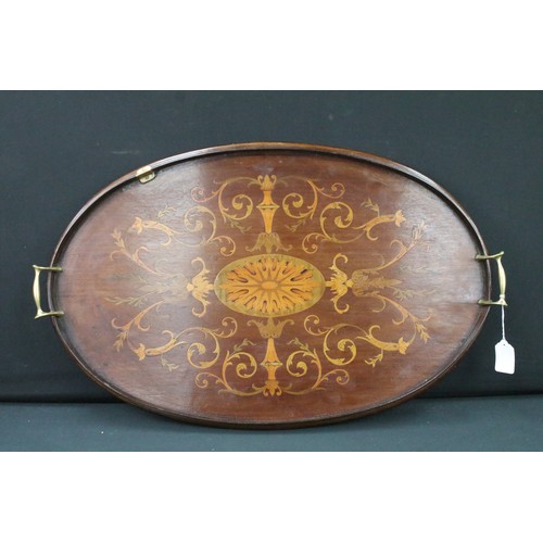 377 - Assortment of items to include an Edwardian oak tray, Edwardian inlaid tray, Tiffany style hanging l... 