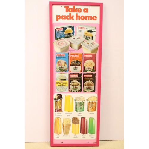 310 - Lyons Maid vintage enamel 'take a pack home'  ice cream enamel sign. Framed. Measures 79 x 28cm.