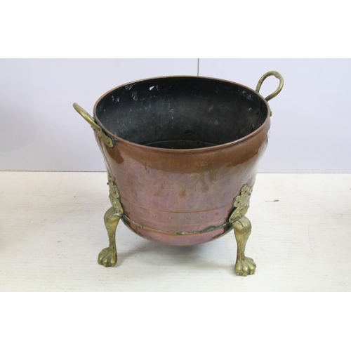 424 - Brass and copper riveted swing handle straight sided log basket, 37cm high (excluding handle), a cop... 