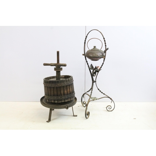 437 - Antique copper kettle on wrought iron base with flower details, H 82cm, together with an antique rus... 