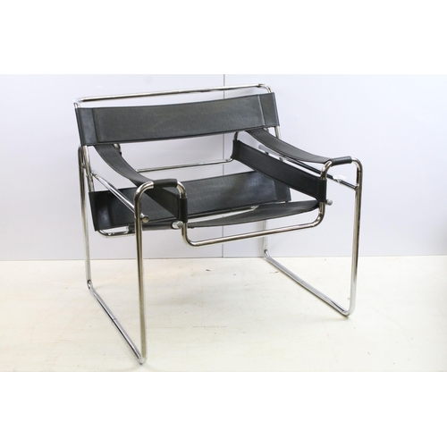 565 - Wassily style tubular steel and black leatherette chair, in the manner of Marcel Breuer, 73cm high x... 