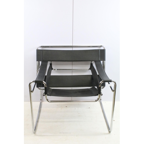 565 - Wassily style tubular steel and black leatherette chair, in the manner of Marcel Breuer, 73cm high x... 