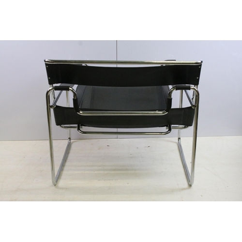 565 - Wassily style tubular steel and black leatherette chair, in the manner of Marcel Breuer, 73cm high x... 